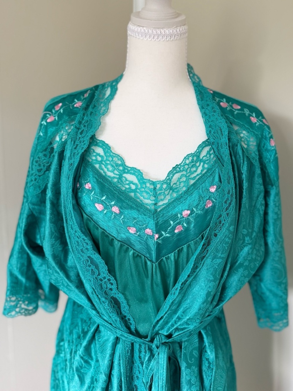 Vintage 70s Stardust Fairycore Emerald Green Teal Chemise Peignoir Set Florets L
